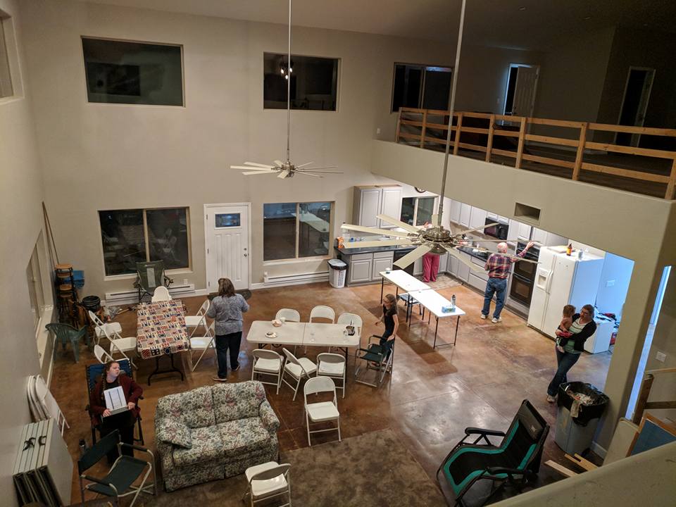 Aerial view of main room in cabin.